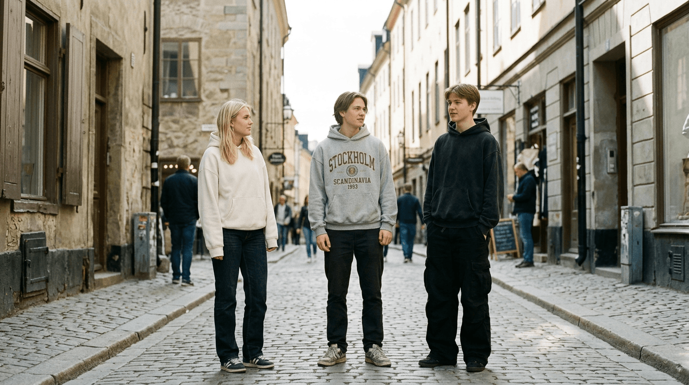 Tre elever i oversized CLASS DROP-hoodies på en brostensgade i en europæisk gammel bydel