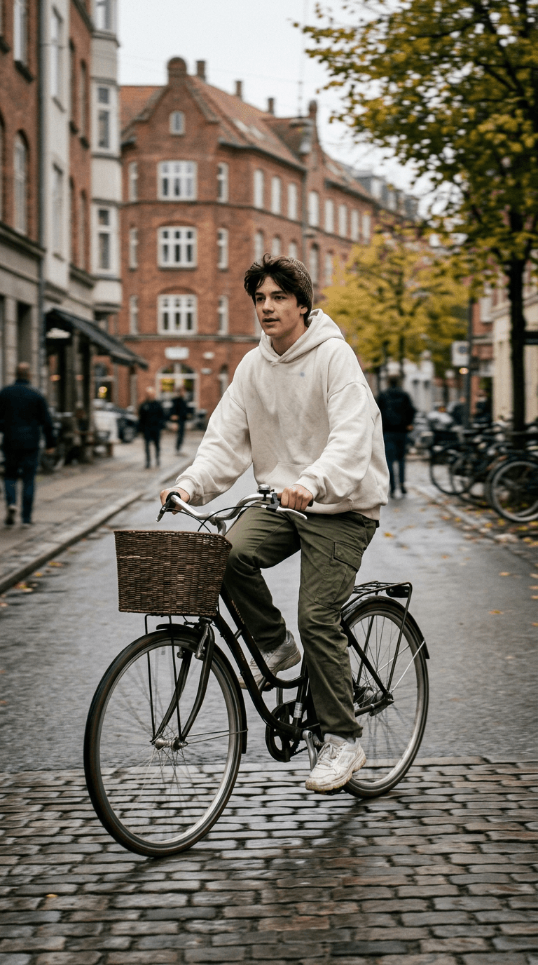 Person på cykel på en bygade i en råhvid hoodie med et lille Studio B-brystmærke