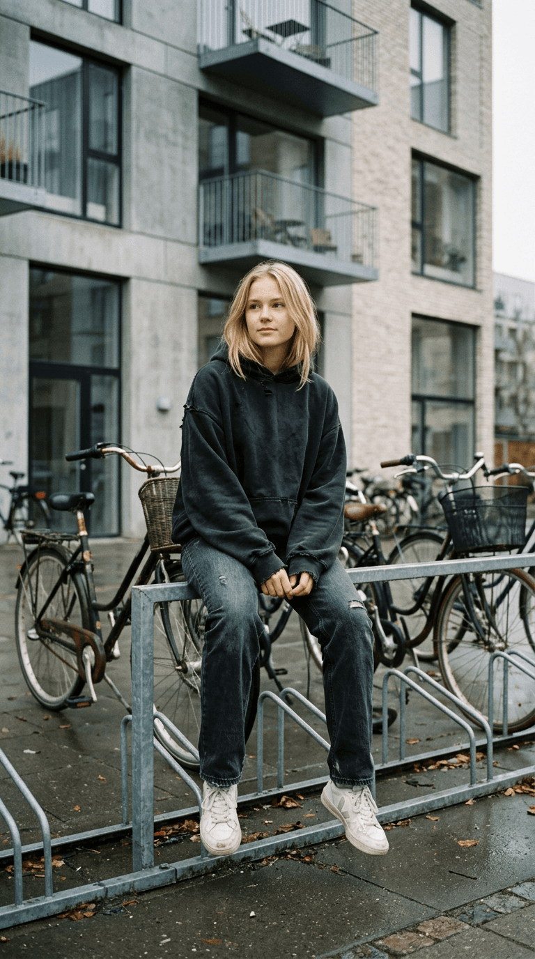 Elev hjemme i København i en slidt sort hoodie ved et cykelstativ